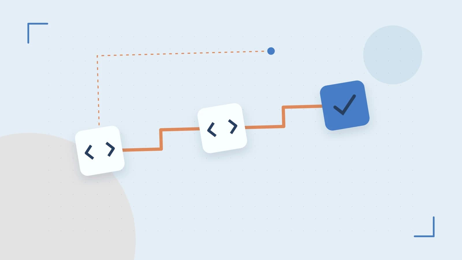 Editorial illustration of a branching build pipeline, staged transformations and a completed check