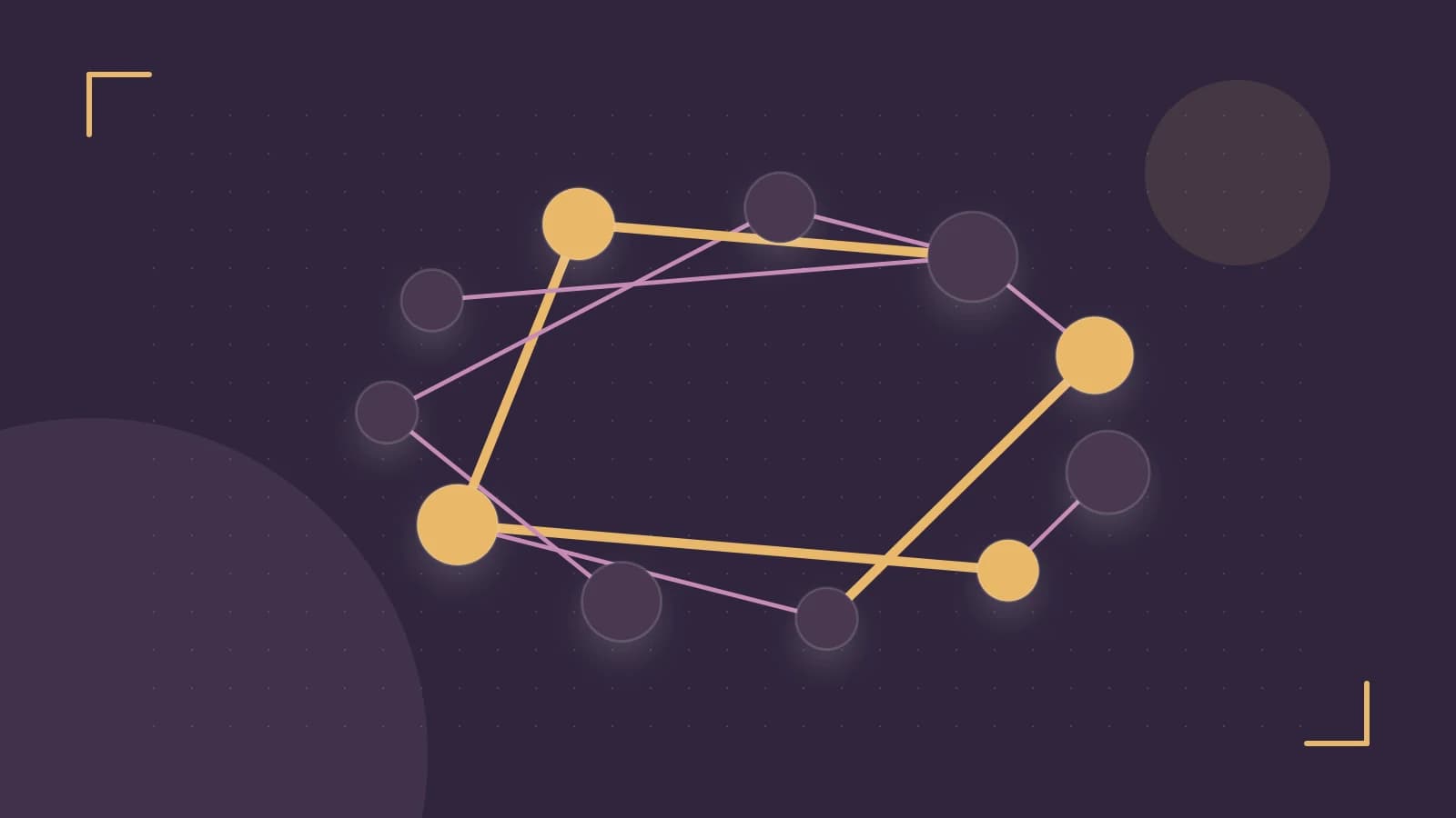Editorial illustration of an algorithmic node graph with branching paths and a highlighted result