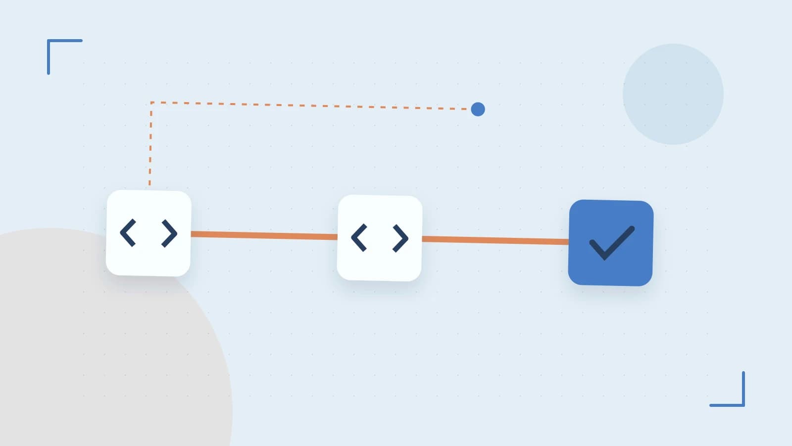 Editorial illustration of a branching build pipeline, staged transformations and a completed check