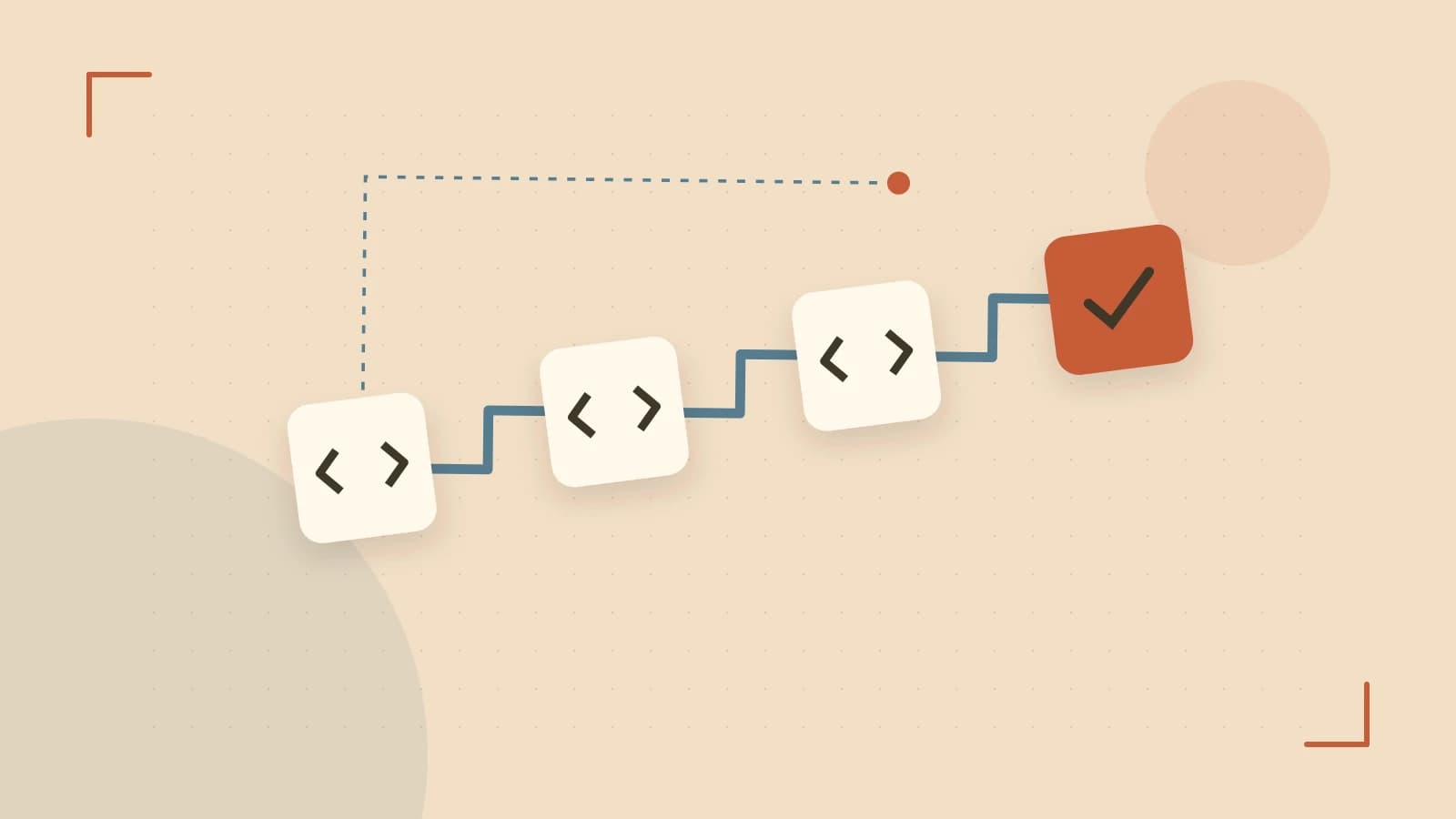 Editorial illustration of a branching build pipeline, staged transformations and a completed check