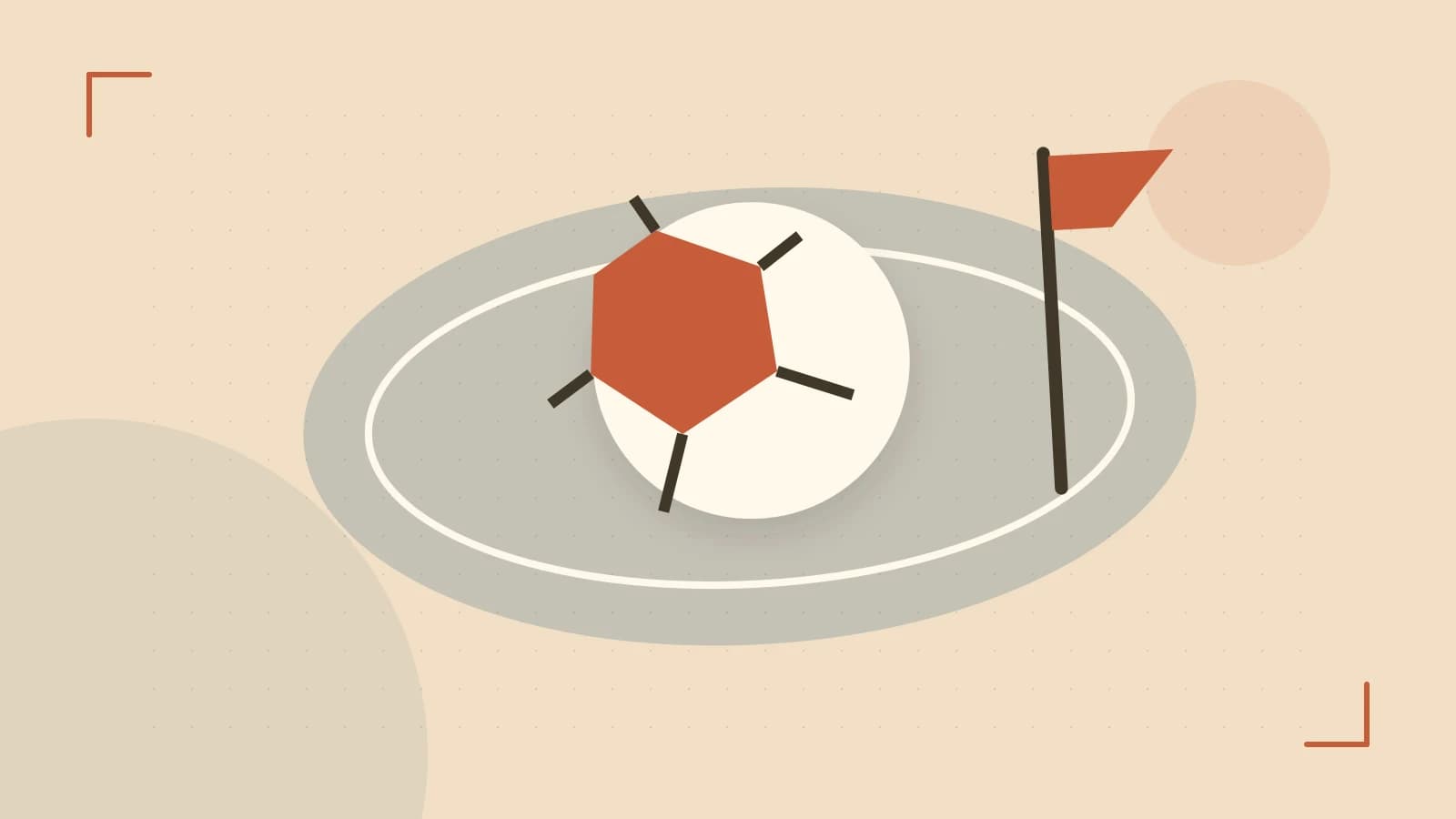 Editorial illustration of a stylized sports ball, stadium geometry and dynamic arcs