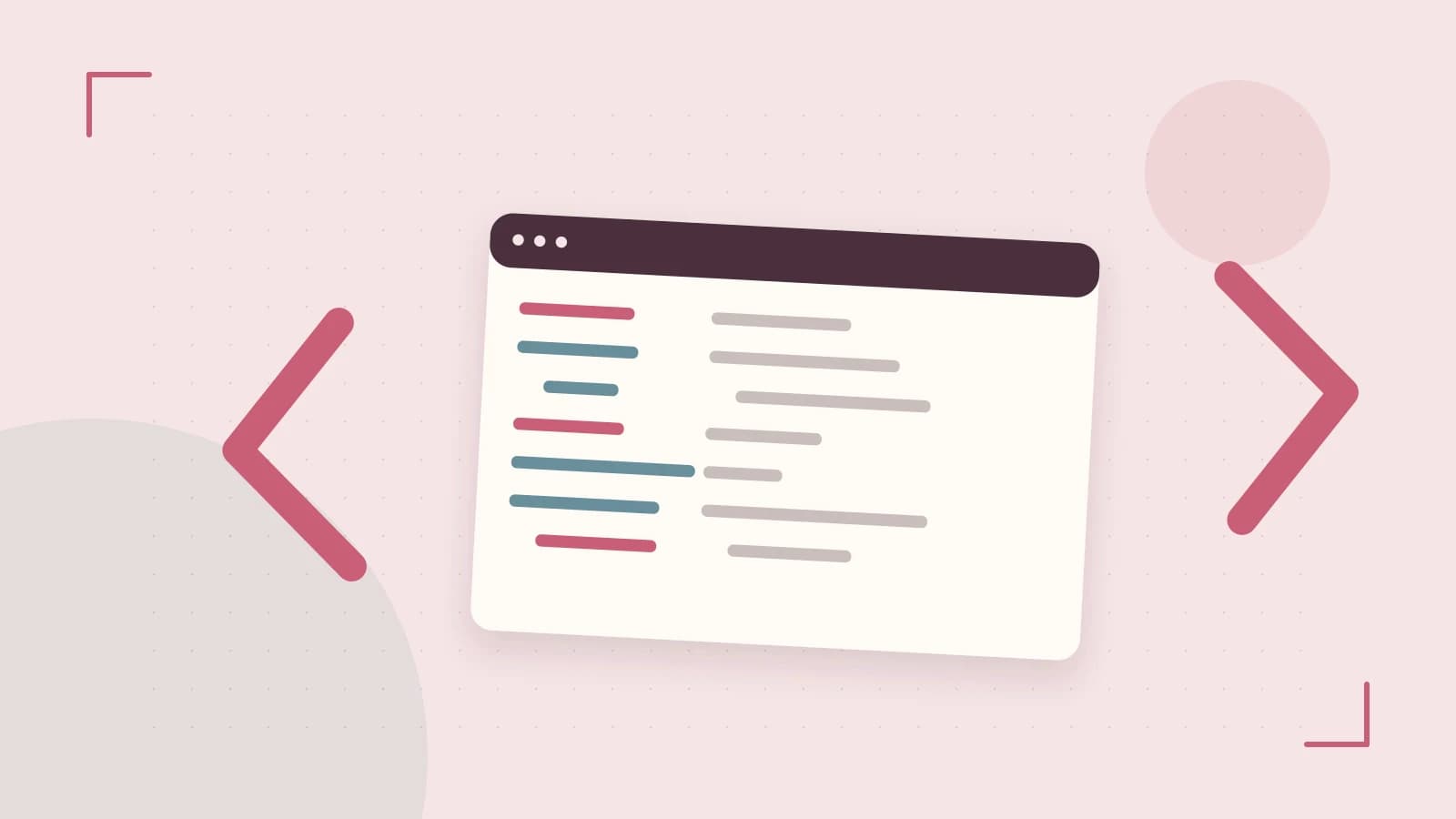 Editorial illustration of an abstract code editor, syntax blocks and oversized programming brackets