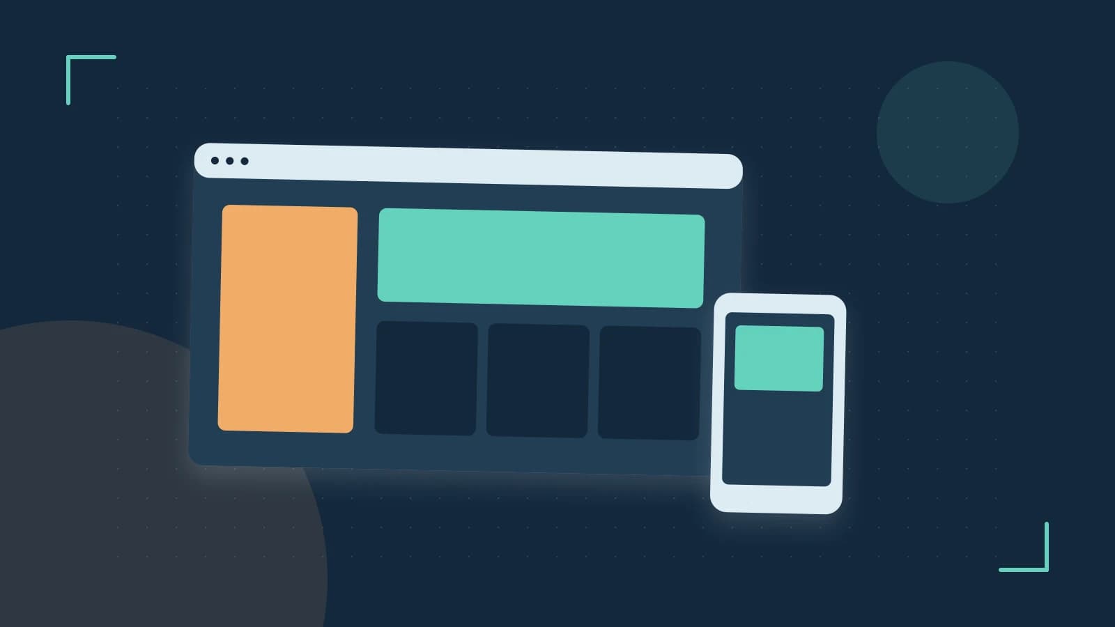 Editorial illustration of responsive browser layouts, overlapping design components and a color system