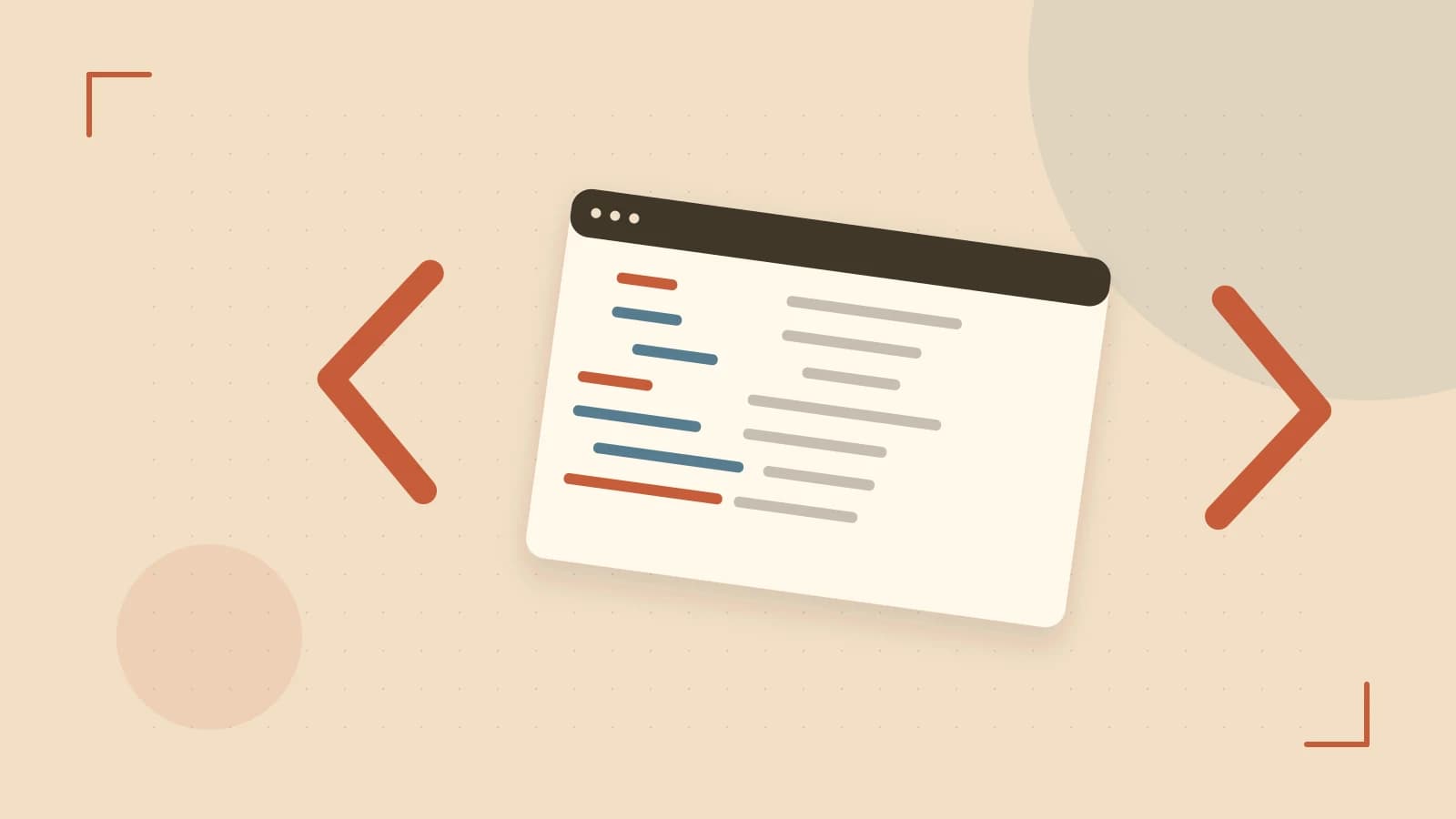 Editorial illustration of an abstract code editor, syntax blocks and oversized programming brackets