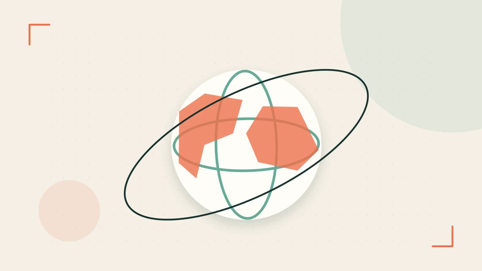 Editorial illustration of an editorial globe with meridians and layered geographic shapes