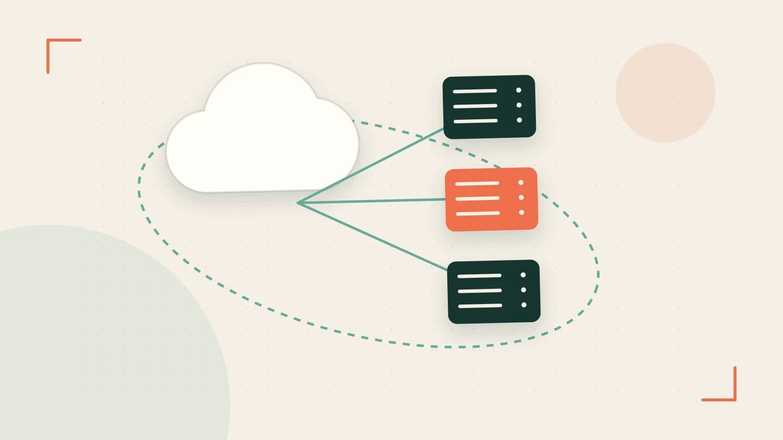 Editorial illustration of cloud infrastructure, connected server racks and an orbital service map