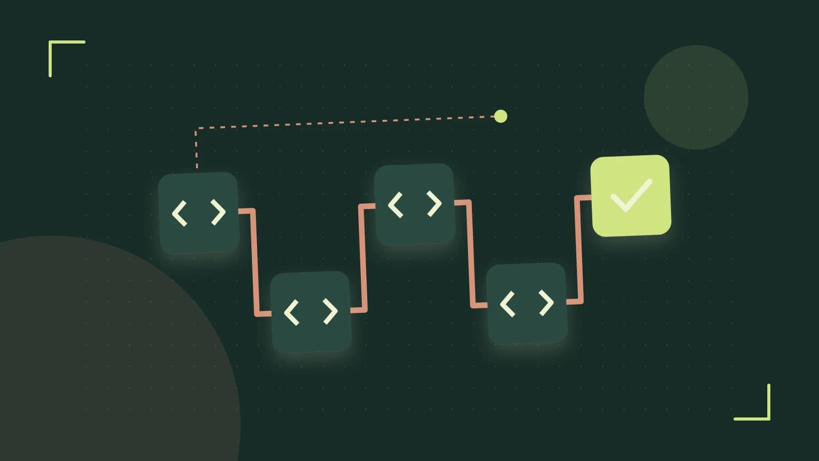 Editorial illustration of a branching build pipeline, staged transformations and a completed check