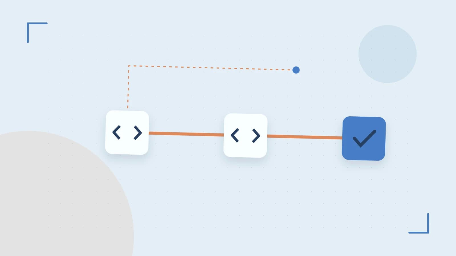 Editorial illustration of a branching build pipeline, staged transformations and a completed check