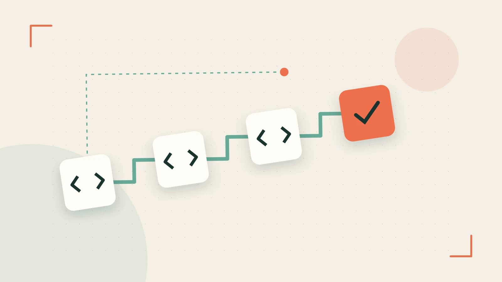 Editorial illustration of a branching build pipeline, staged transformations and a completed check