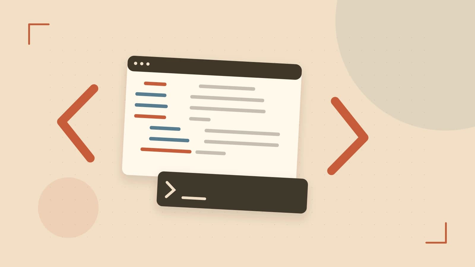 Editorial illustration of an abstract code editor, syntax blocks and oversized programming brackets