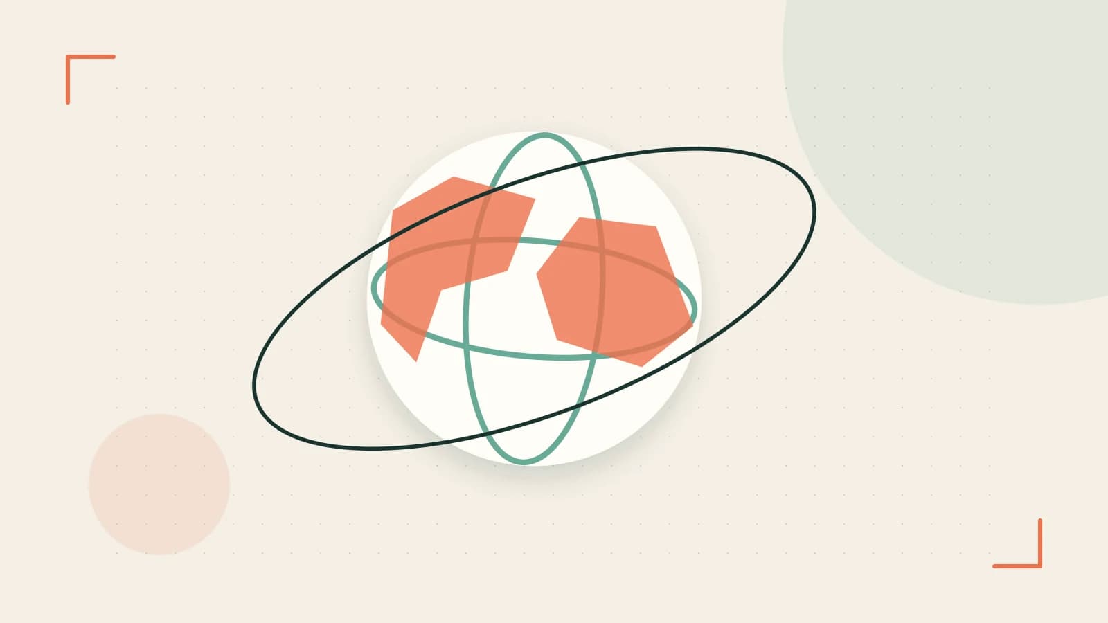 Editorial illustration of an editorial globe with meridians and layered geographic shapes