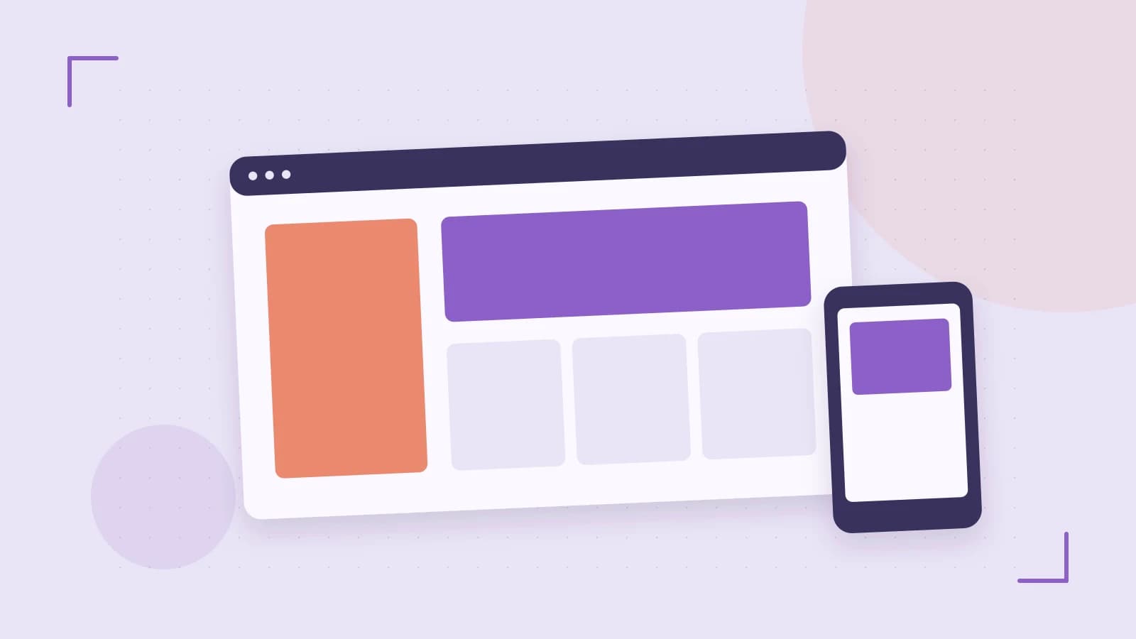 Editorial illustration of responsive browser layouts, overlapping design components and a color system