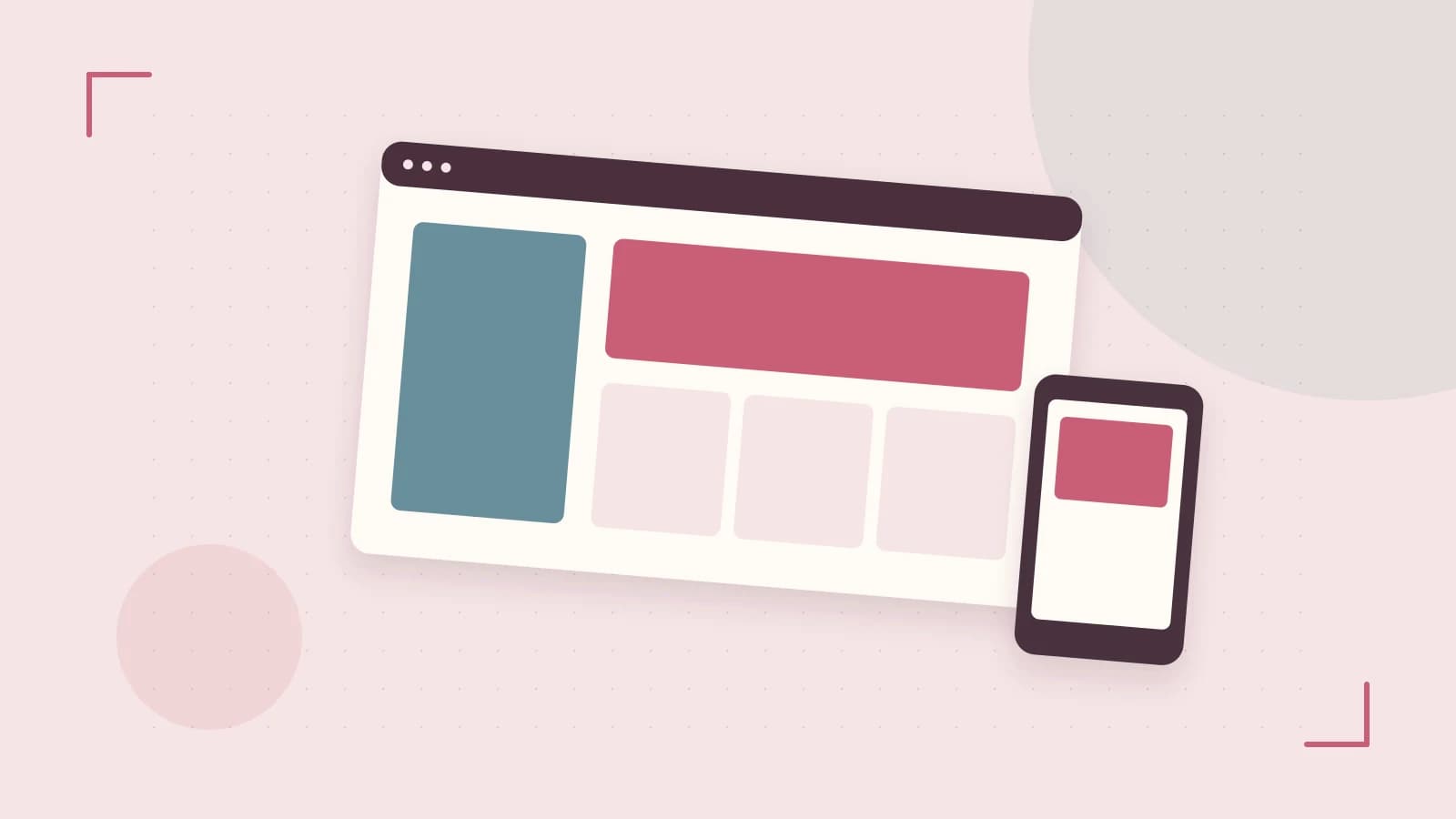 Editorial illustration of responsive browser layouts, overlapping design components and a color system