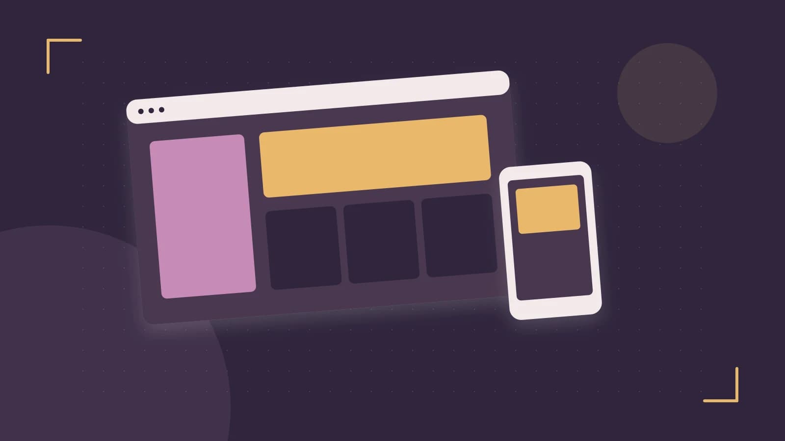 Editorial illustration of responsive browser layouts, overlapping design components and a color system