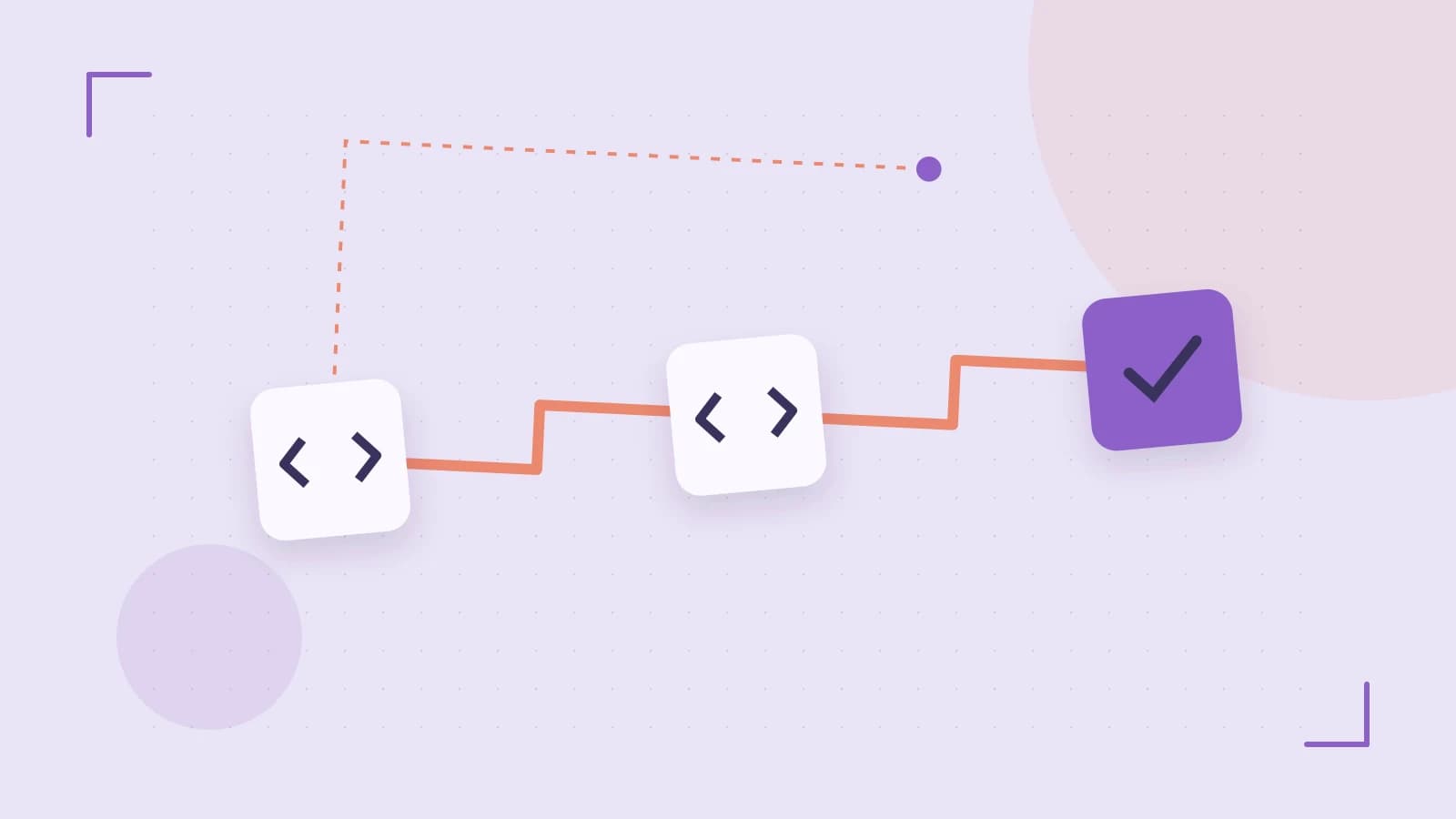 Editorial illustration of a branching build pipeline, staged transformations and a completed check