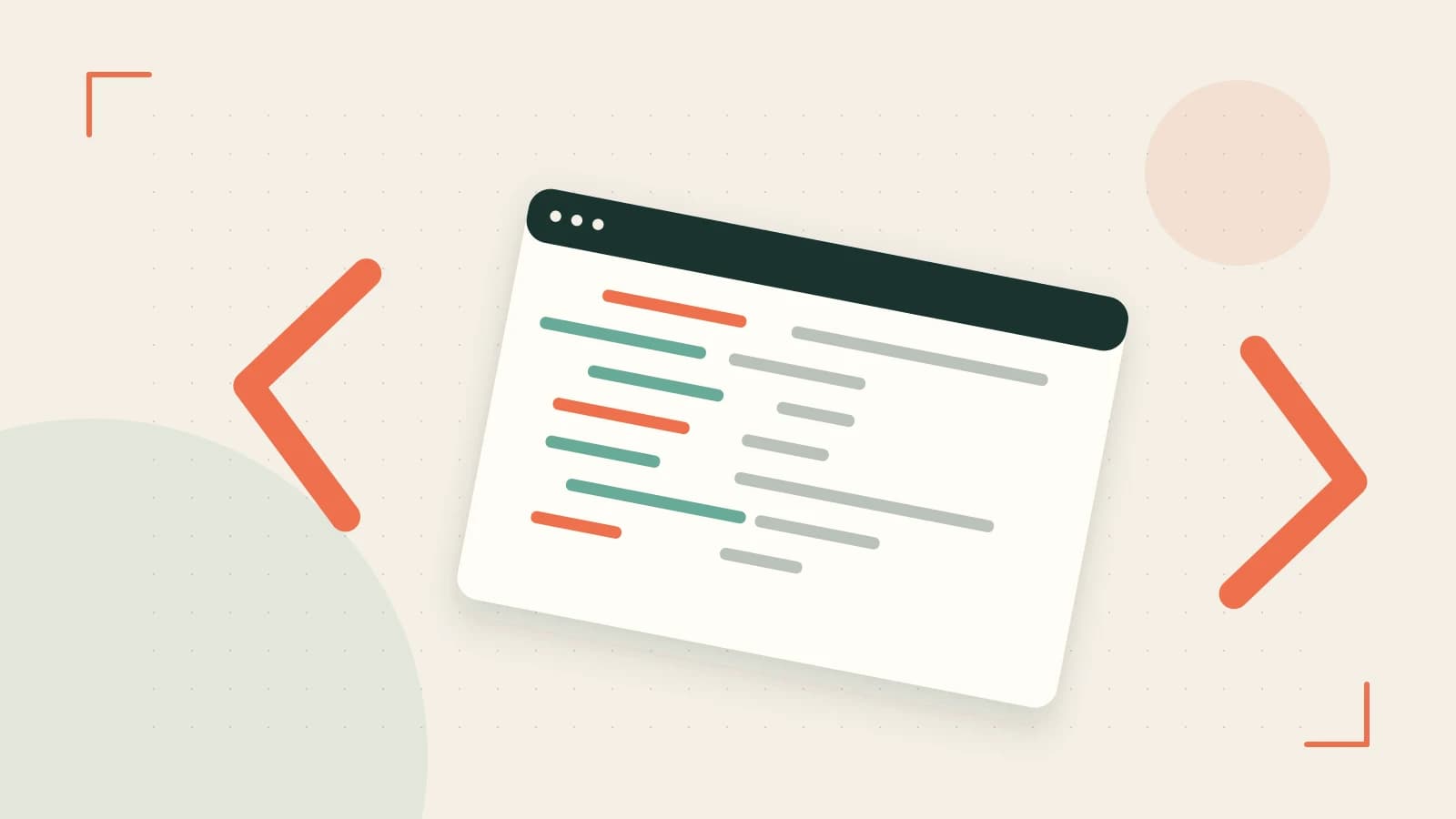 Editorial illustration of an abstract code editor, syntax blocks and oversized programming brackets