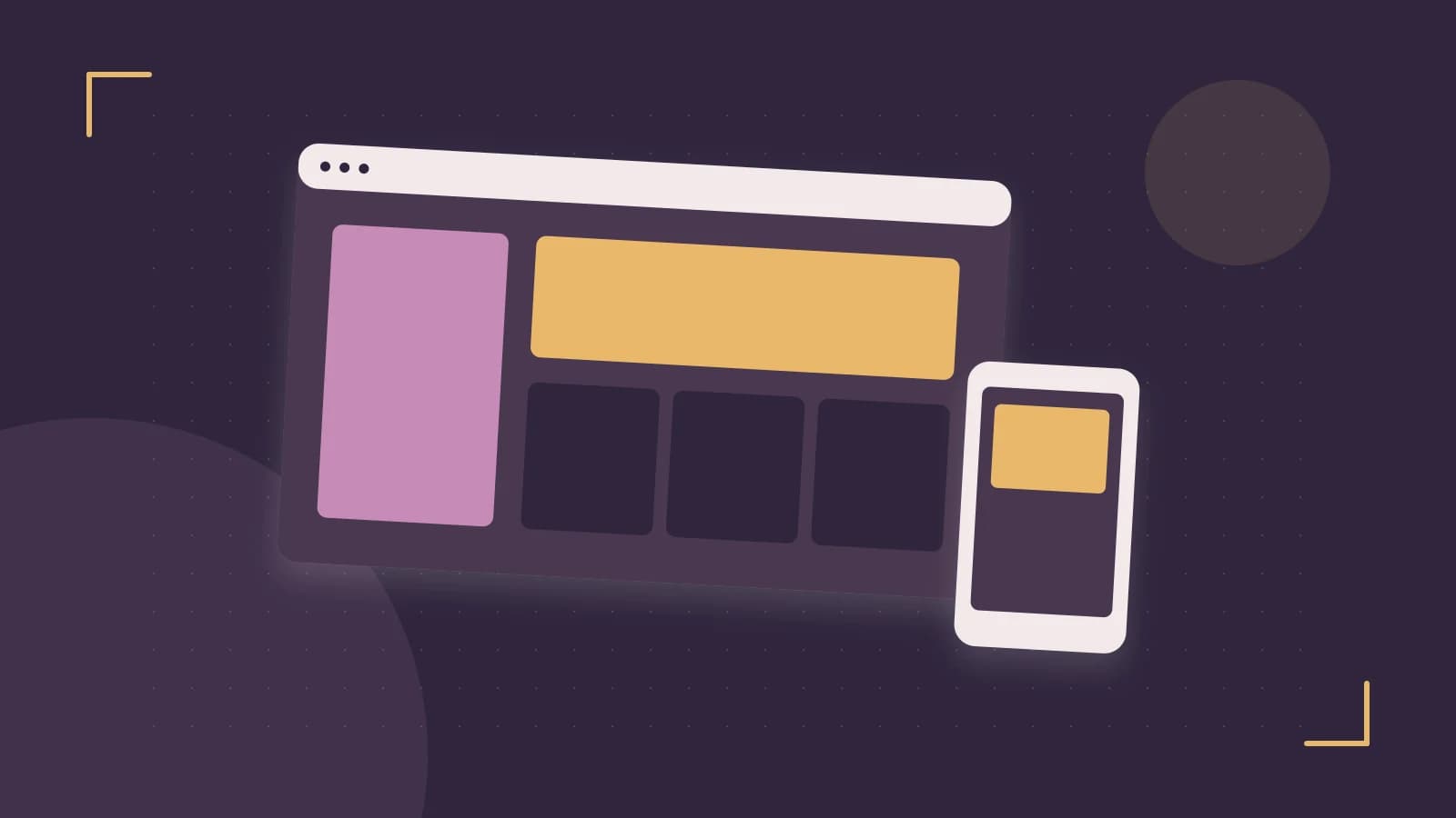 Editorial illustration of responsive browser layouts, overlapping design components and a color system