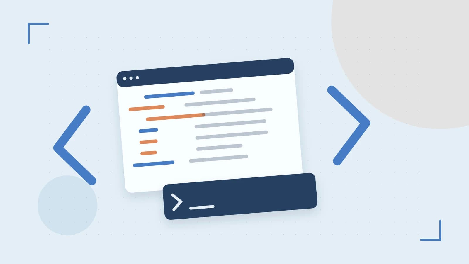Editorial illustration of an abstract code editor, syntax blocks and oversized programming brackets