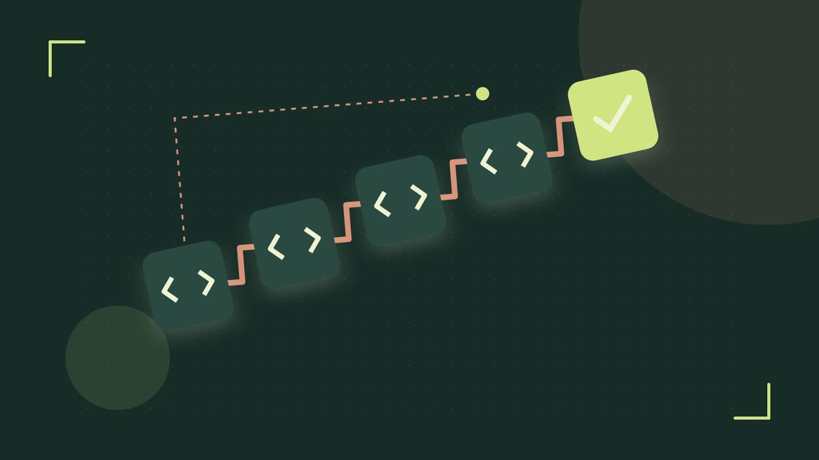 Editorial illustration of a branching build pipeline, staged transformations and a completed check