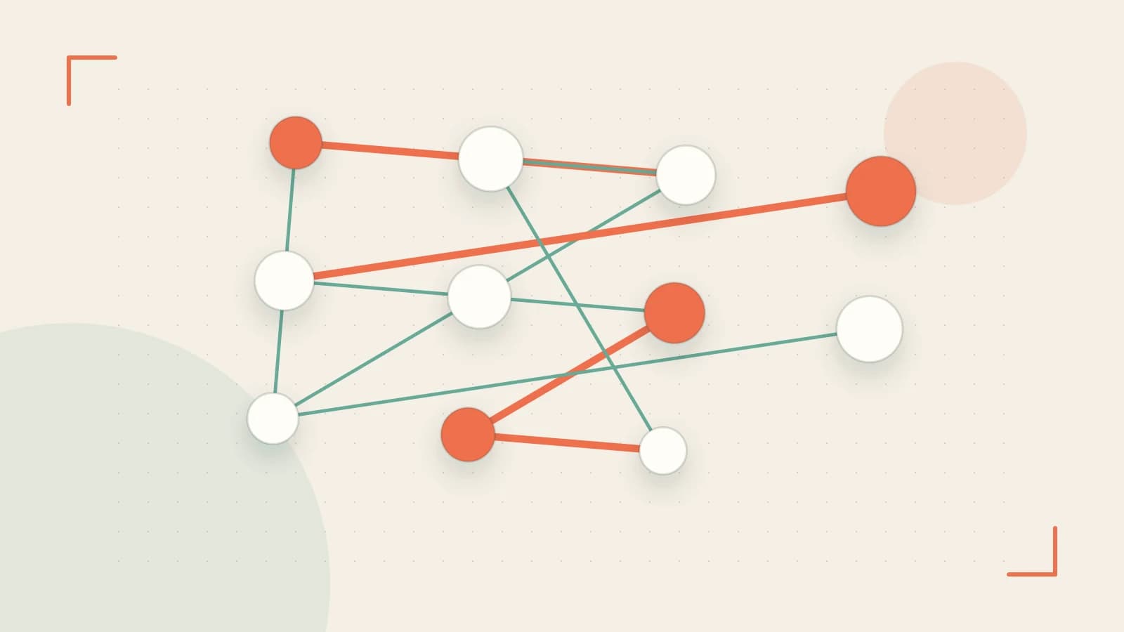 Editorial illustration of an algorithmic node graph with branching paths and a highlighted result