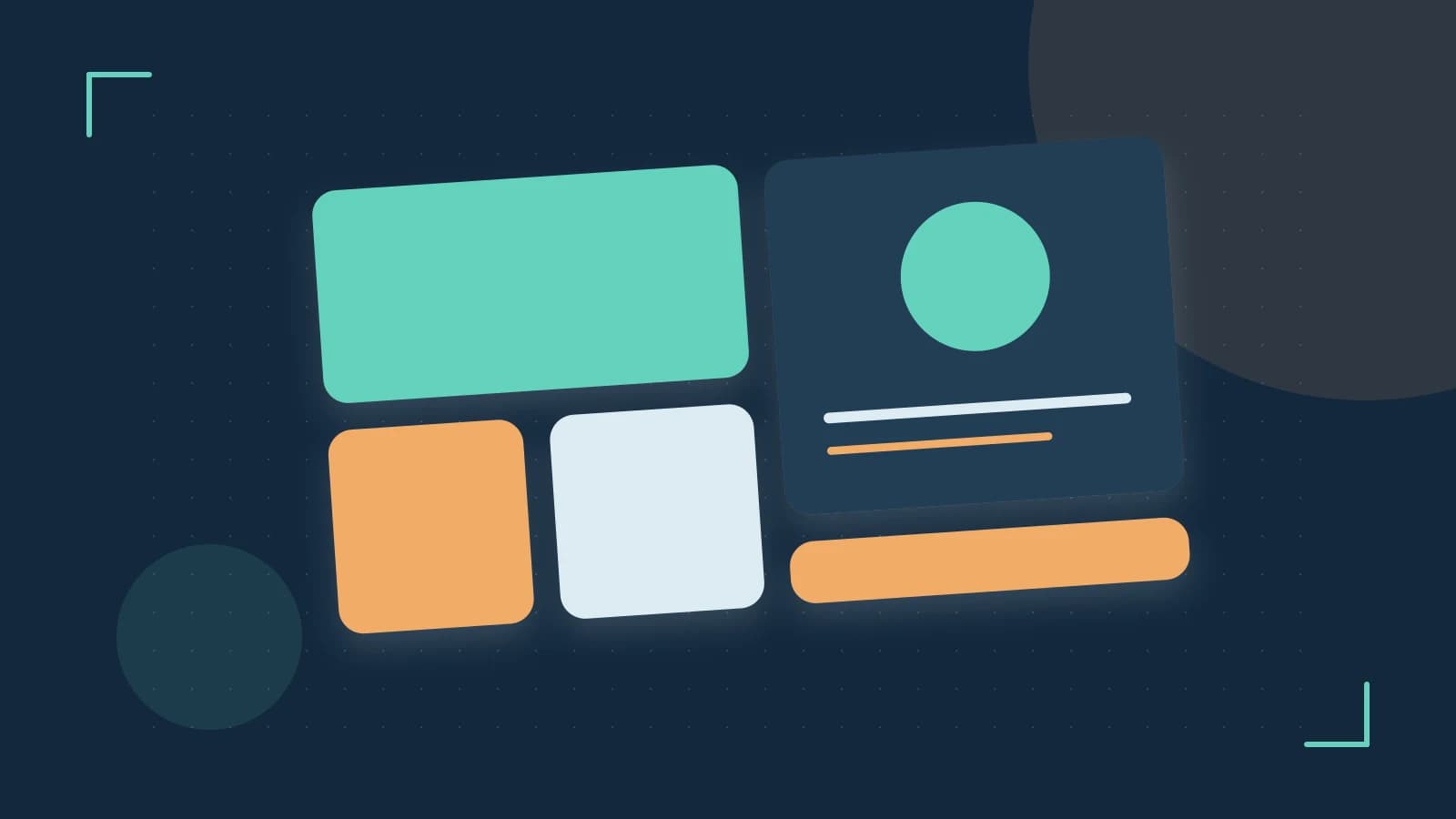 Editorial illustration of responsive browser layouts, overlapping design components and a color system