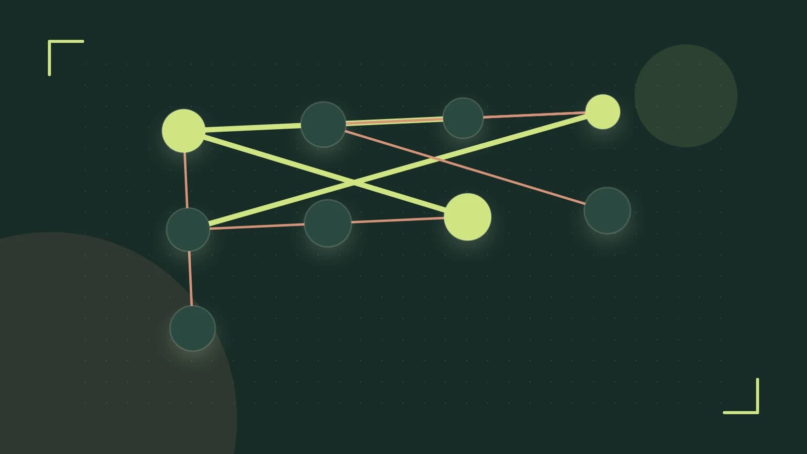 Editorial illustration of an algorithmic node graph with branching paths and a highlighted result