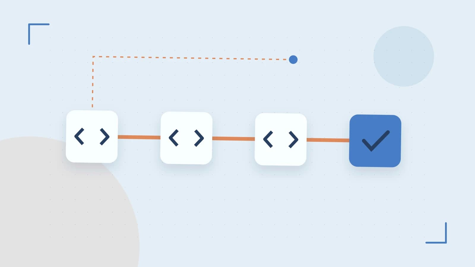 Editorial illustration of a branching build pipeline, staged transformations and a completed check