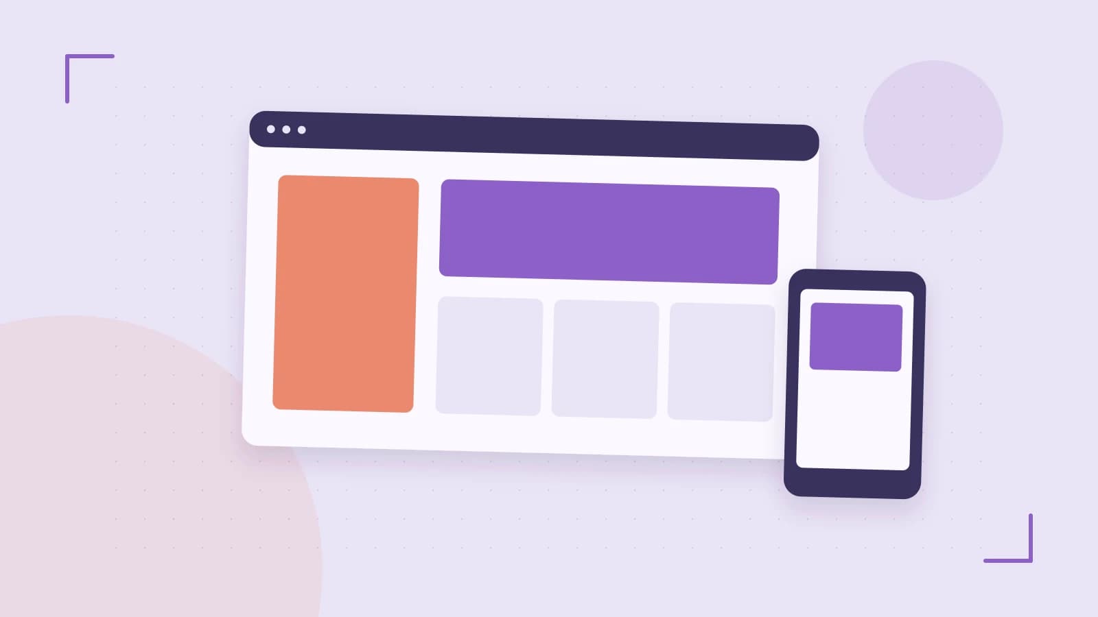 Editorial illustration of responsive browser layouts, overlapping design components and a color system