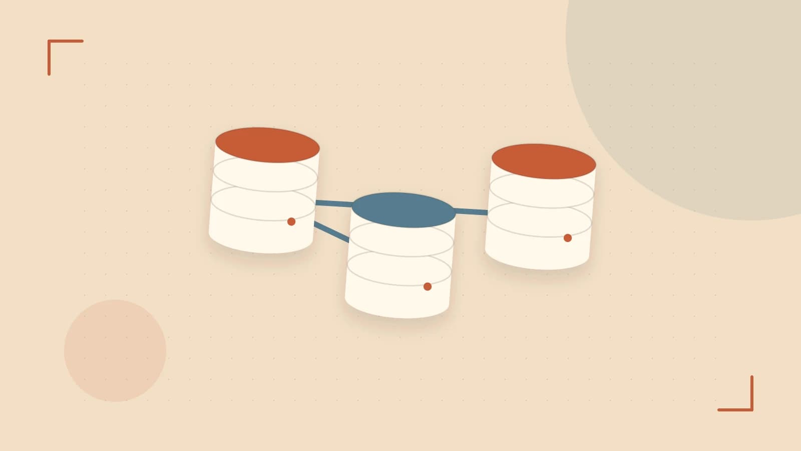 Editorial illustration of structured records, database cylinders and relationships between tables