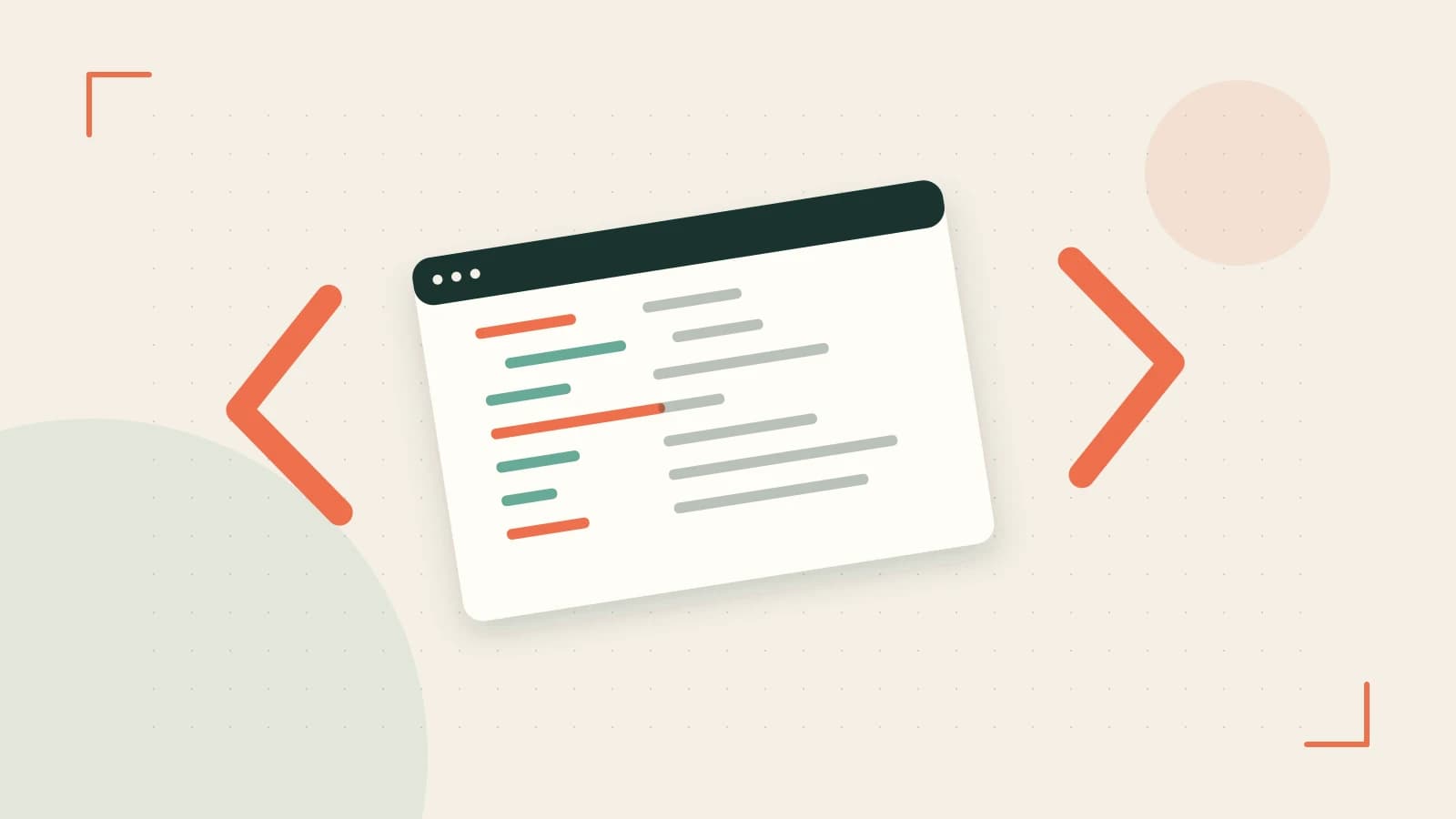 Editorial illustration of an abstract code editor, syntax blocks and oversized programming brackets
