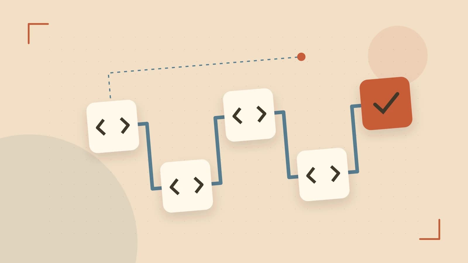 Editorial illustration of a branching build pipeline, staged transformations and a completed check