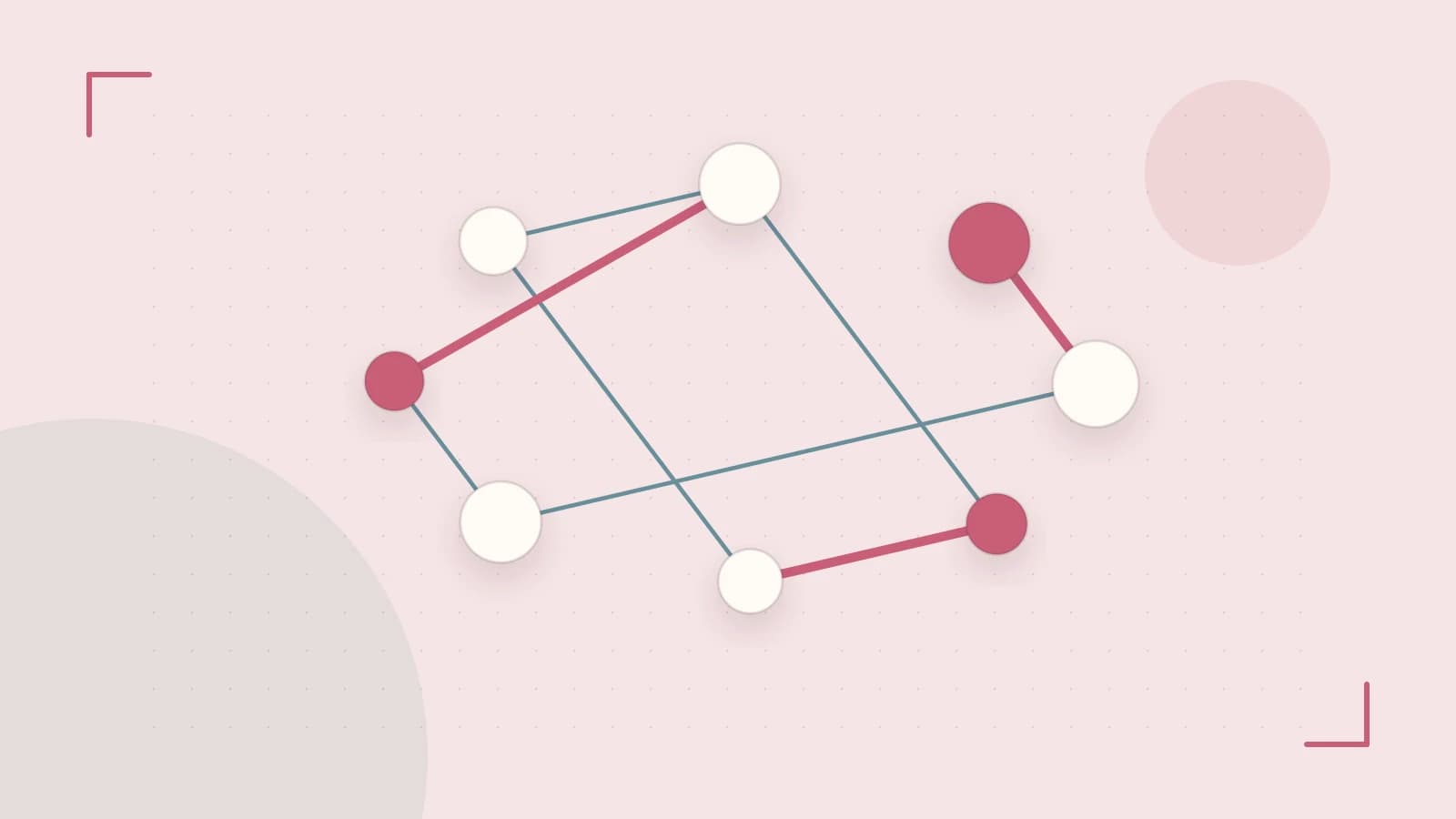 Editorial illustration of an algorithmic node graph with branching paths and a highlighted result