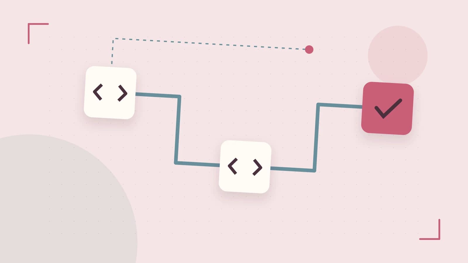 Editorial illustration of a branching build pipeline, staged transformations and a completed check