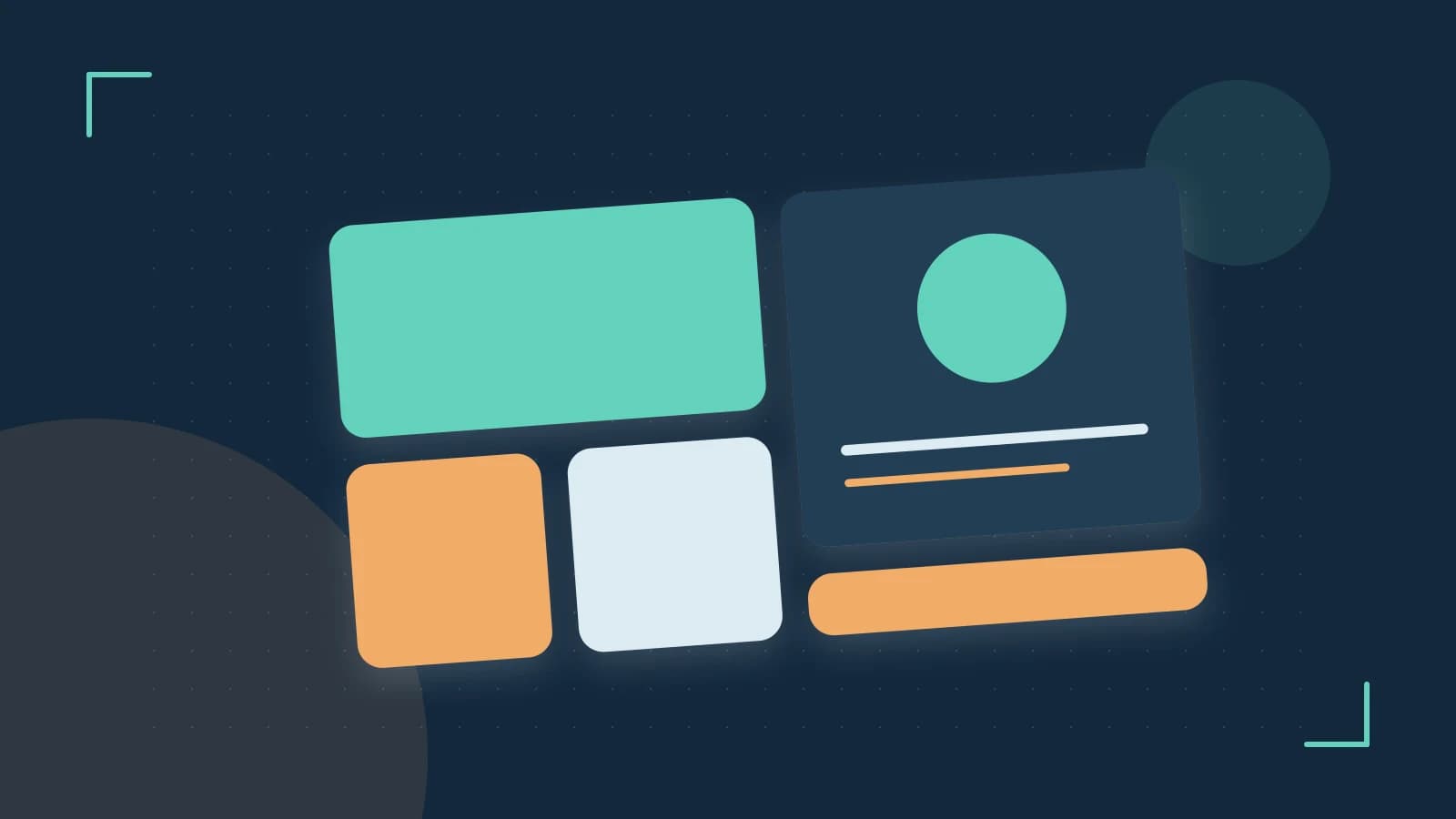 Editorial illustration of responsive browser layouts, overlapping design components and a color system