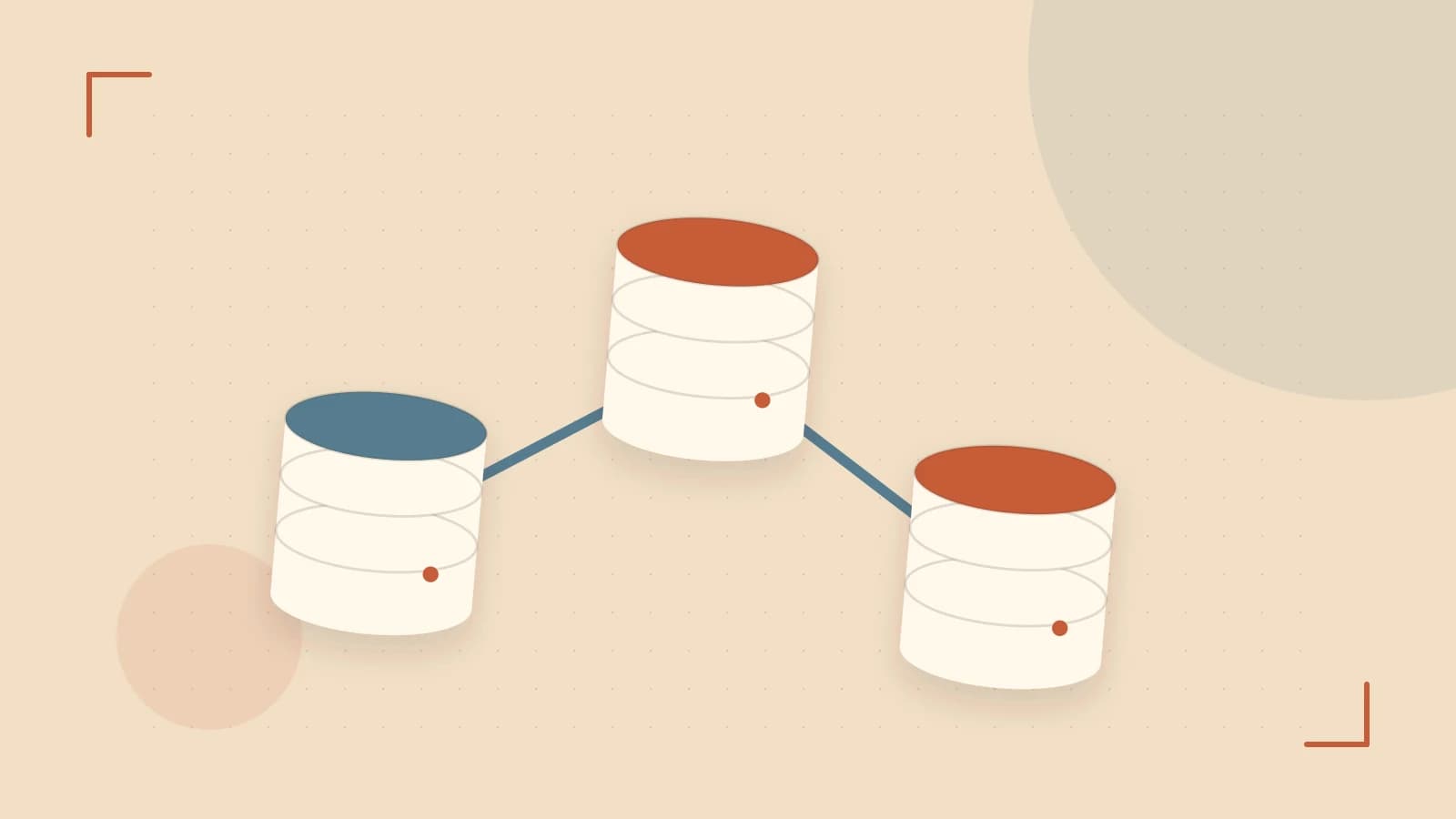 Editorial illustration of structured records, database cylinders and relationships between tables