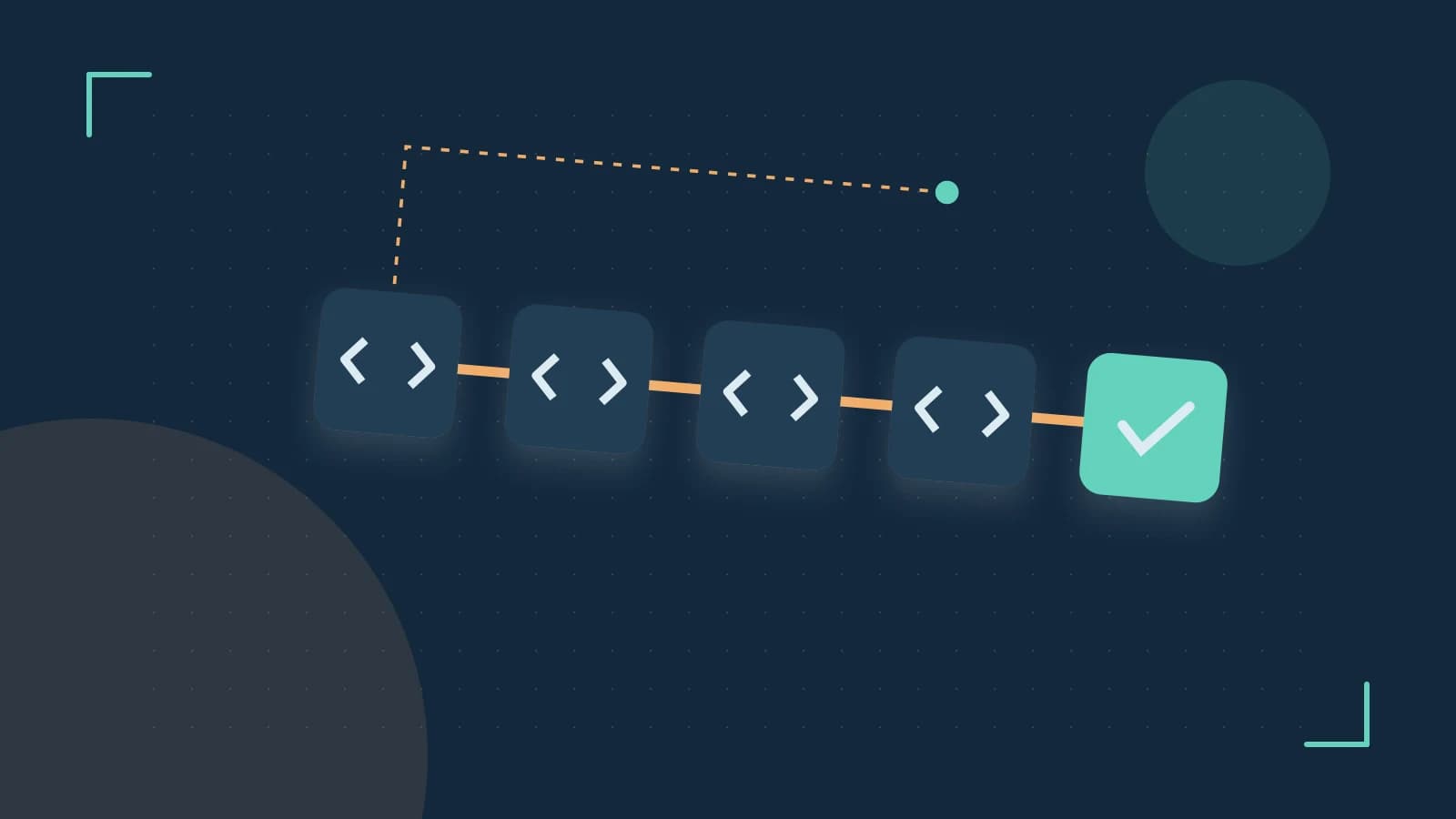 Editorial illustration of a branching build pipeline, staged transformations and a completed check