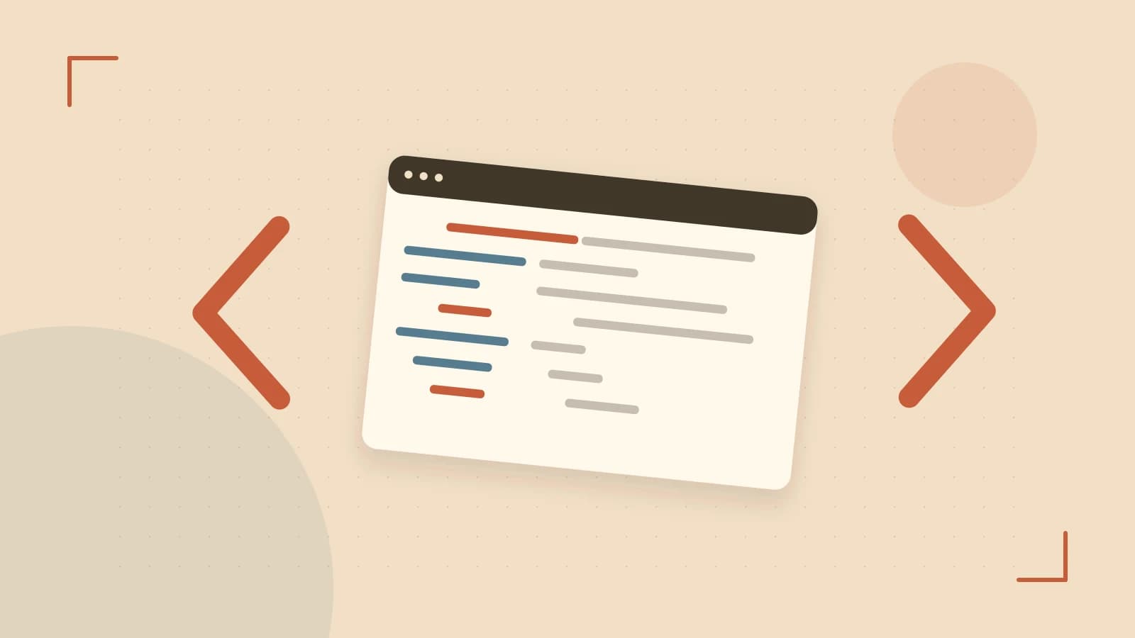 Editorial illustration of an abstract code editor, syntax blocks and oversized programming brackets
