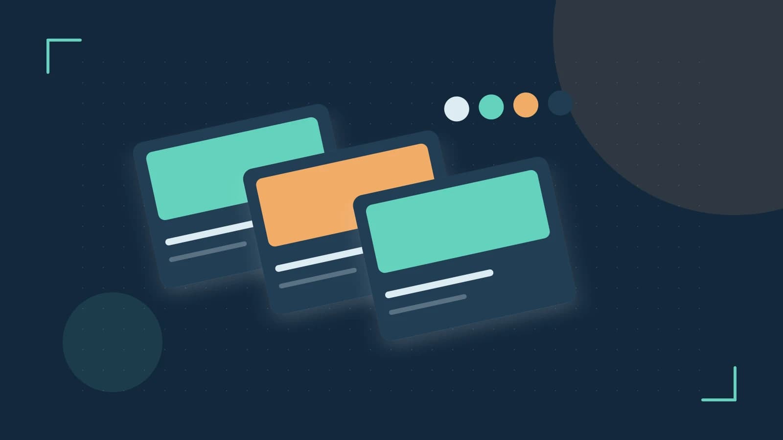 Editorial illustration of responsive browser layouts, overlapping design components and a color system