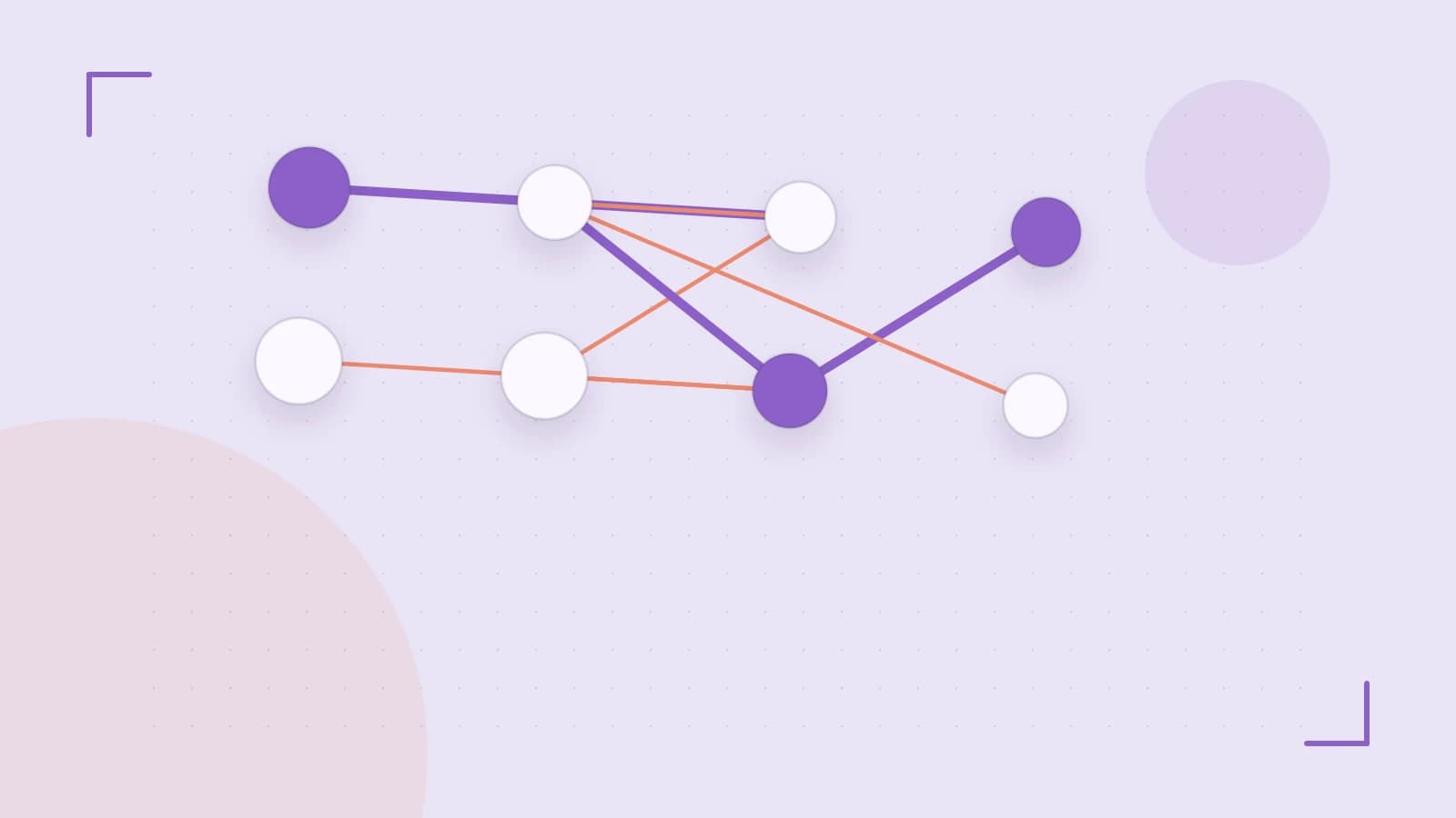 Editorial illustration of an algorithmic node graph with branching paths and a highlighted result