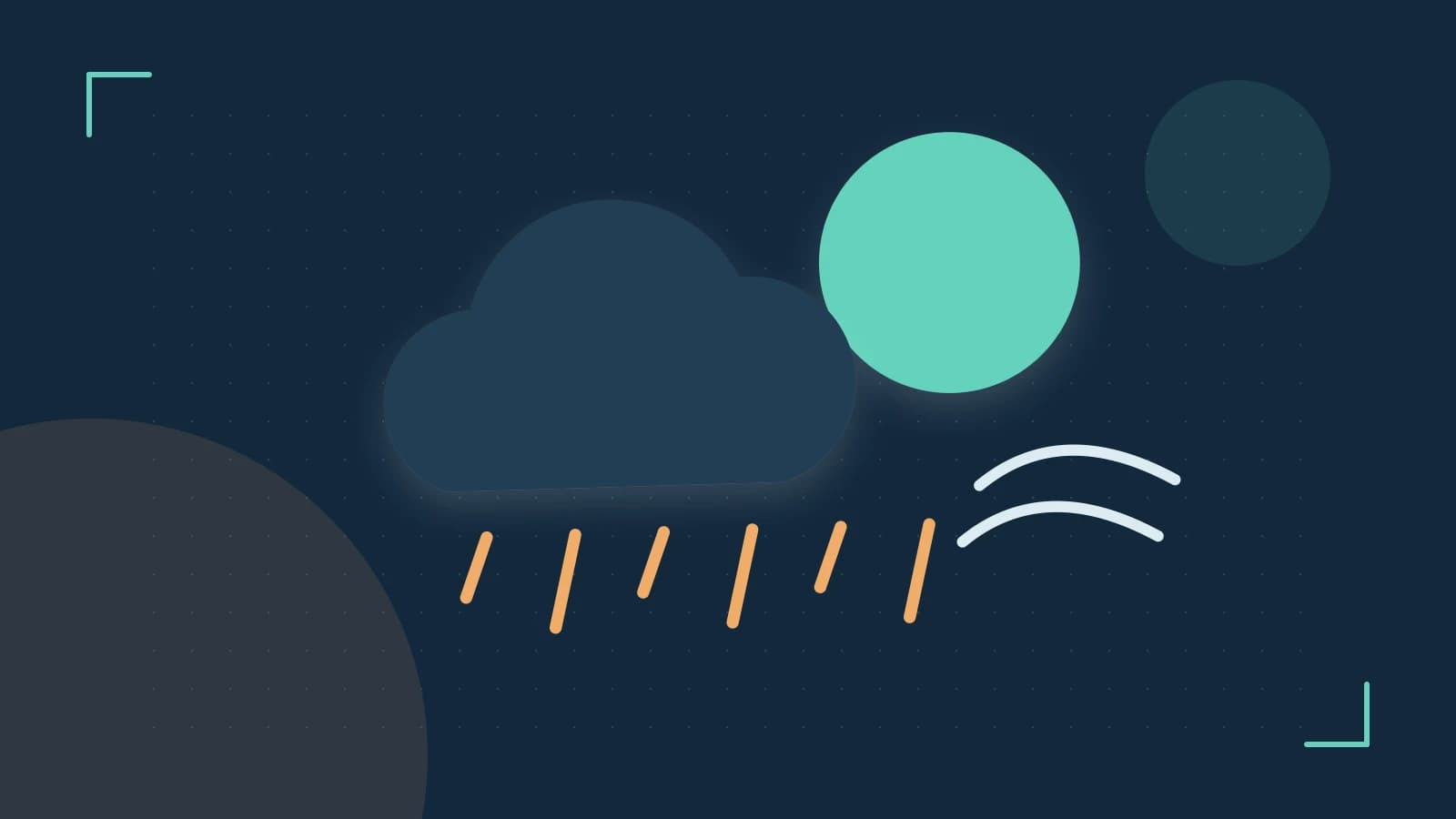 Editorial illustration of a sun, layered clouds, raindrops and flowing weather patterns