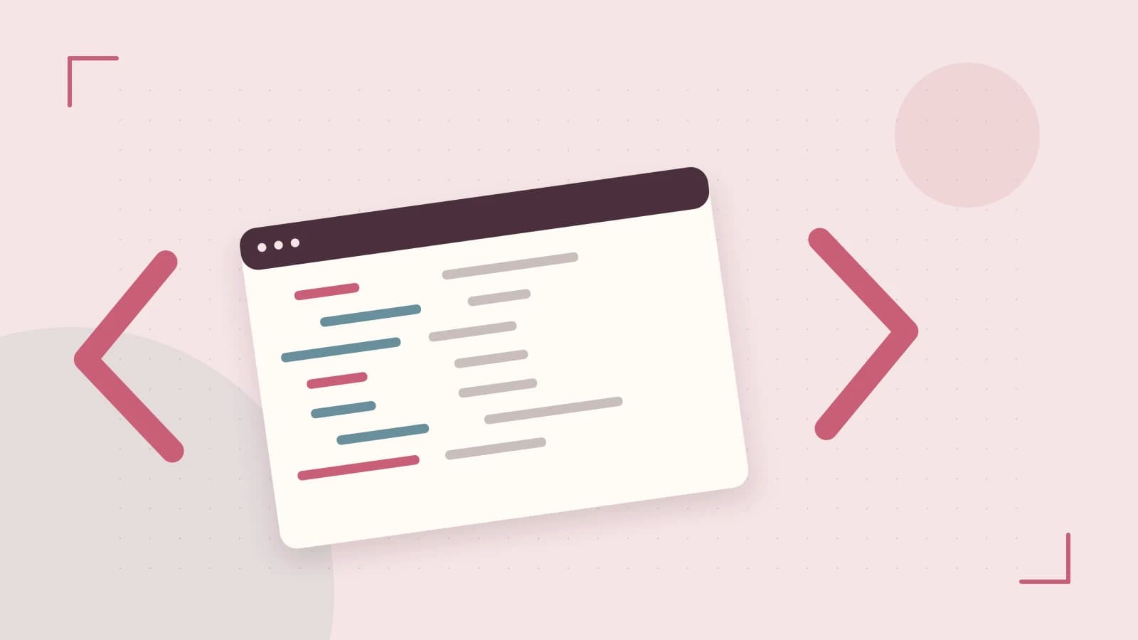 Editorial illustration of an abstract code editor, syntax blocks and oversized programming brackets