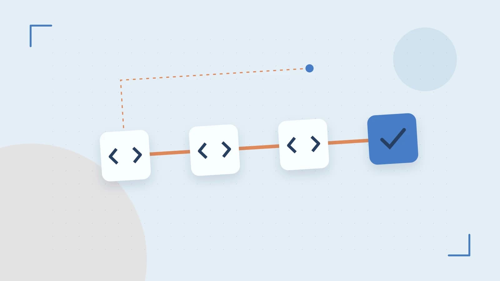 Editorial illustration of a branching build pipeline, staged transformations and a completed check