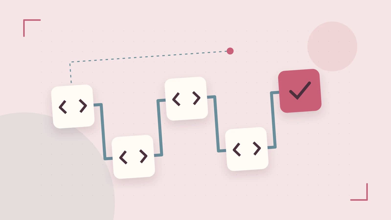 Editorial illustration of a branching build pipeline, staged transformations and a completed check