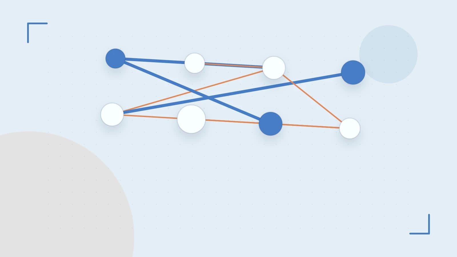 Editorial illustration of an algorithmic node graph with branching paths and a highlighted result