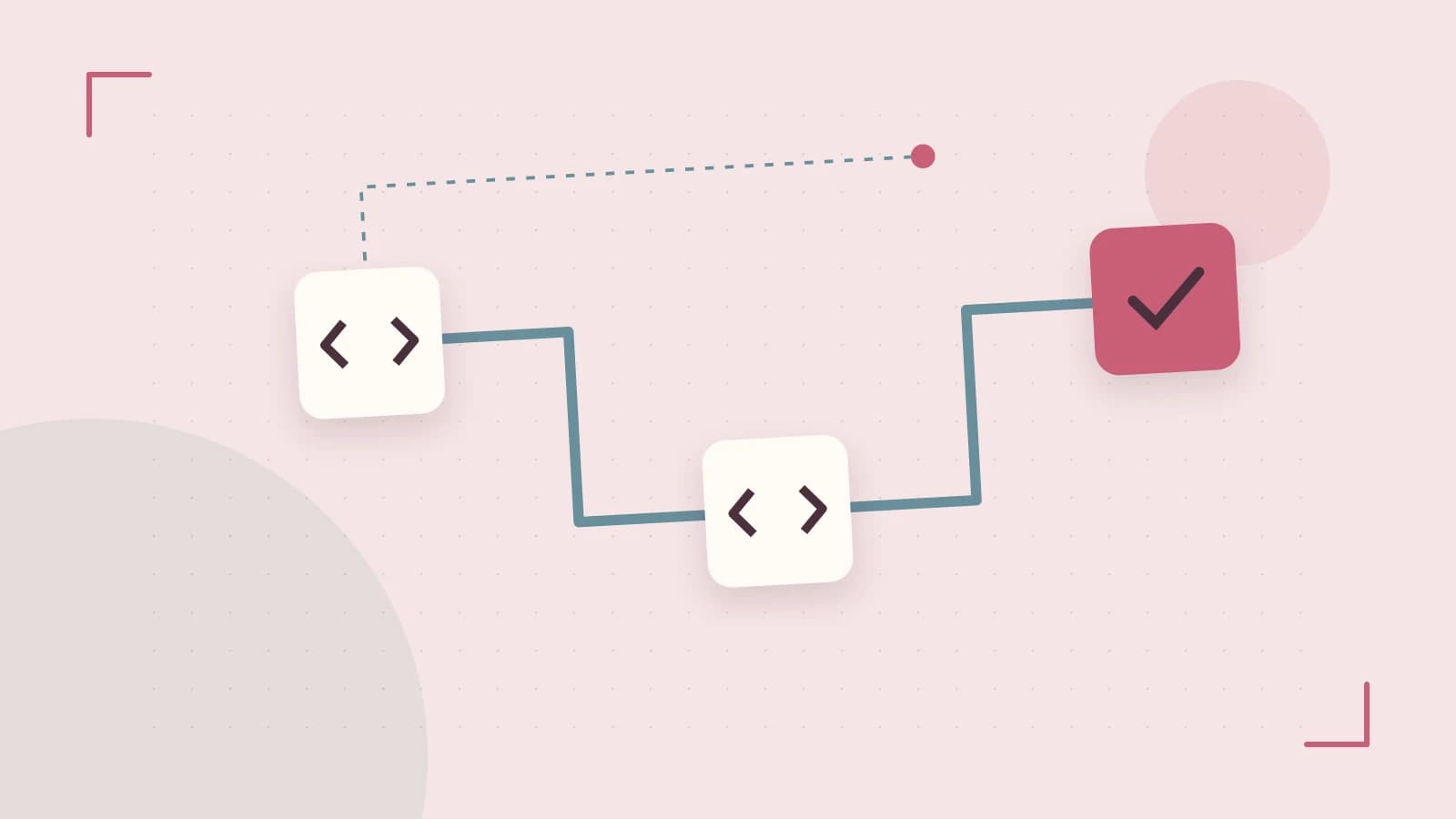 Editorial illustration of a branching build pipeline, staged transformations and a completed check