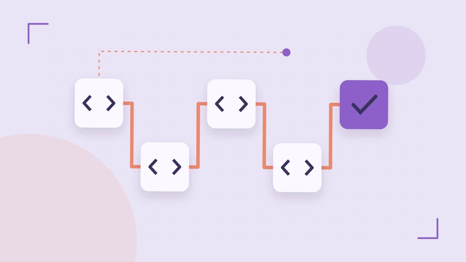 Editorial illustration of a branching build pipeline, staged transformations and a completed check
