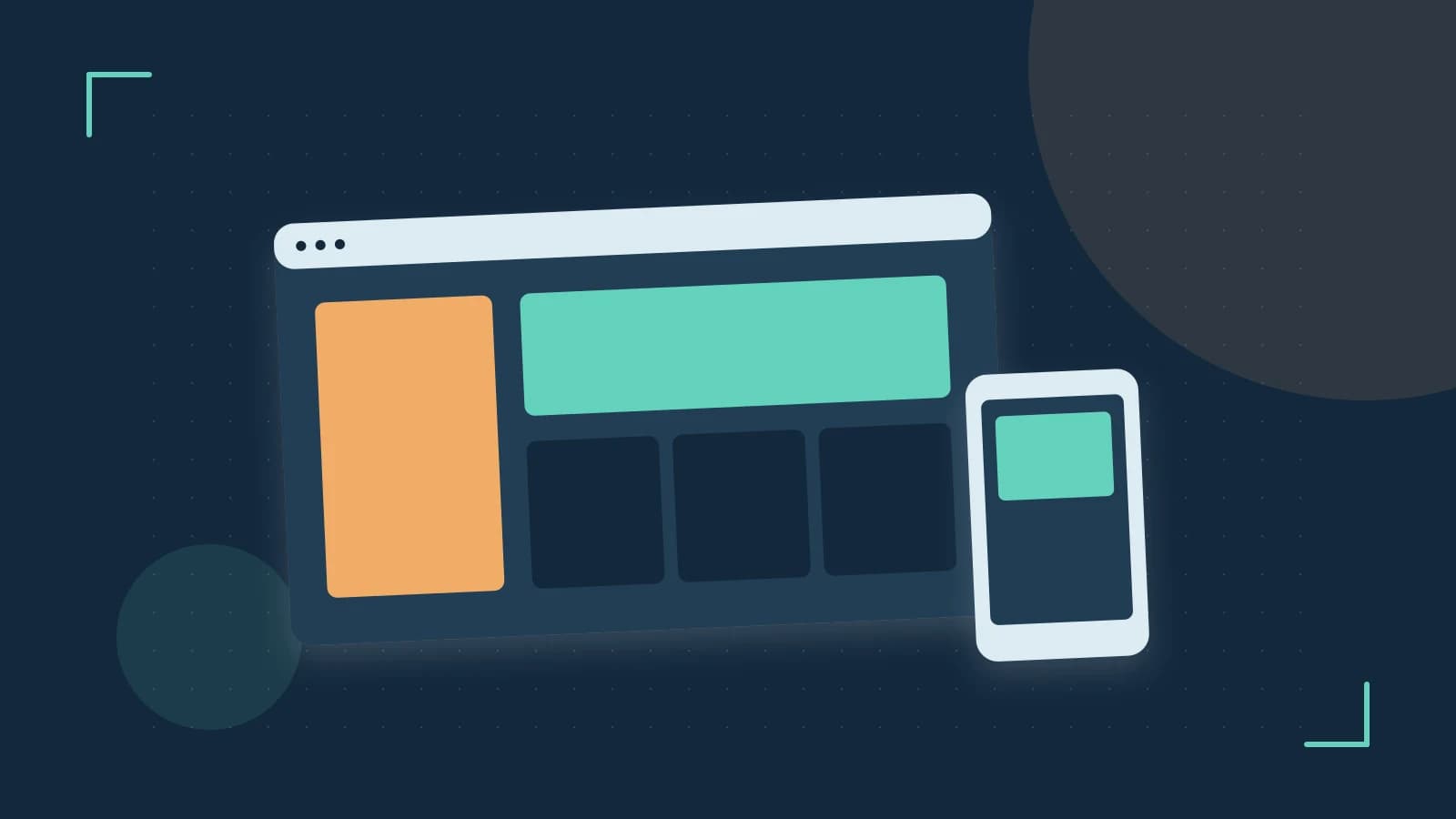 Editorial illustration of responsive browser layouts, overlapping design components and a color system