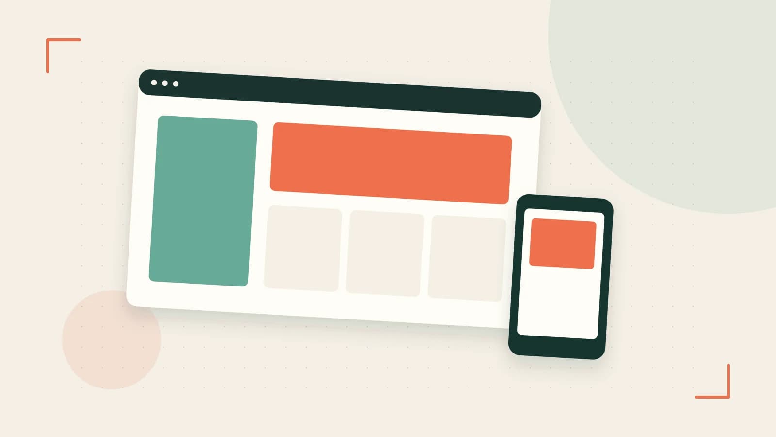 Editorial illustration of responsive browser layouts, overlapping design components and a color system