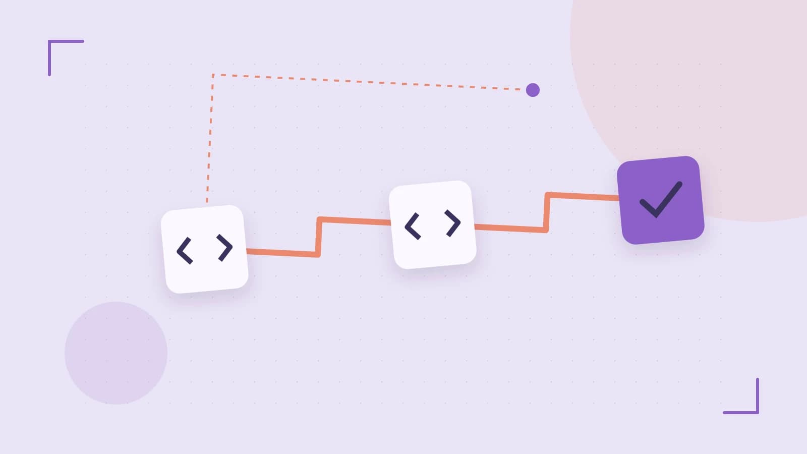 Editorial illustration of a branching build pipeline, staged transformations and a completed check
