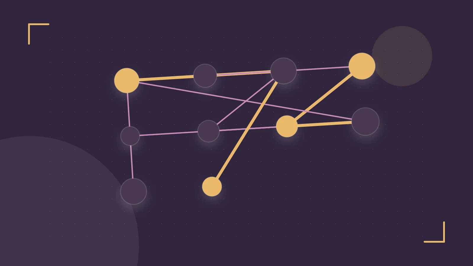 Editorial illustration of an algorithmic node graph with branching paths and a highlighted result